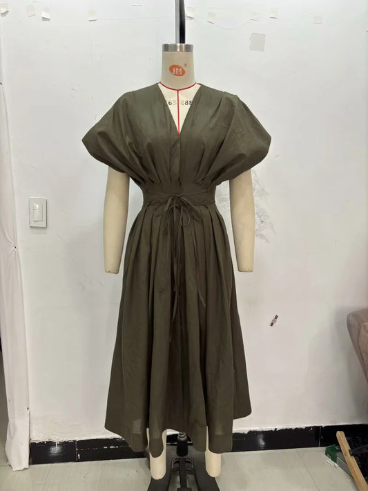 ETJ Summer 2025 women's elegant party dress Vintage V-neck fashion pleated lace-up MIDI poplin dress