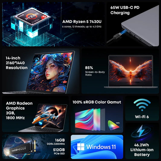 CHUWI CoreBook X Gaming Laptop AMD R5-7430U 6 Cores 14.1 inch FHD IPS Screen 16GB DDR4 RAM 512GB SSD UP to 4.3 Ghz Notebook