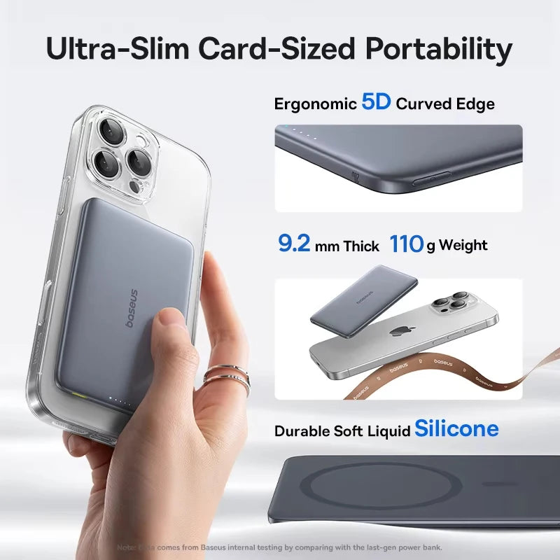 Baseus 5000mAh Magnetic Power Bank 15W Wireless 20W Wired Charging Thin Card-Sized Slim Portable Powerbank for iPhone 17 Samsung