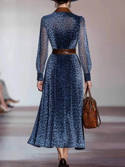 Elegant Woman Dresses Retro Turndown Collar Leopard Print Long Dress Autumn Single Breasted Long Sleeve Western Cowboy Dress