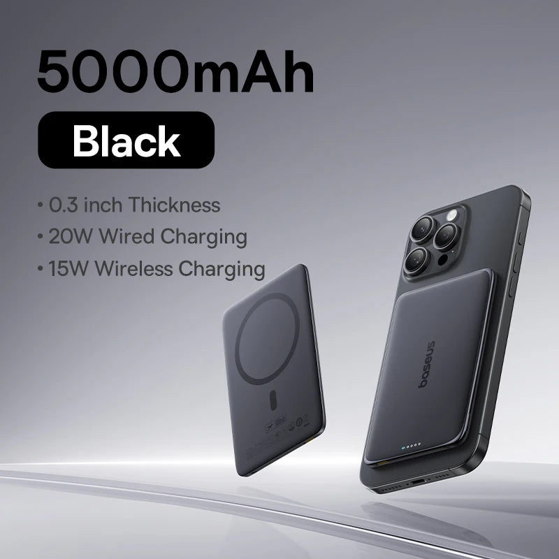Baseus 5000mAh Magnetic Power Bank 15W Wireless 20W Wired Charging Thin Card-Sized Slim Portable Powerbank for iPhone 17 Samsung