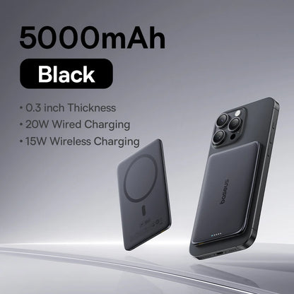 Baseus 5000mAh Magnetic Power Bank 15W Wireless 20W Wired Charging Thin Card-Sized Slim Portable Powerbank for iPhone 17 Samsung