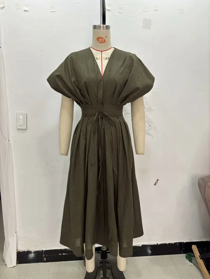 ETJ Summer 2025  women's elegant party dress Vintage V-neck fashion pleated lace-up MIDI poplin dress