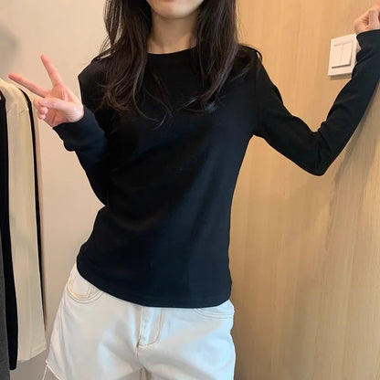 American Retro Round Neck t-shirt Women Long Sleeve Fashion Slim Slim Inner Bottom Shirt European Slim Tops Soft