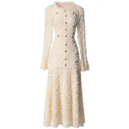 QMQA Fashion Women's Elegant Dresses Three-dimensional Floral Square Collar Long Sleeved Princess Style Dress Autumn New 1A232