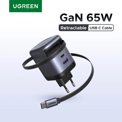 UGREEN 65W GaN Charger With Retractable USB C Cable For iPhone 17 16 Pro Samsung Xiaomi Laptop Macbook Tablet PD Fast Charger