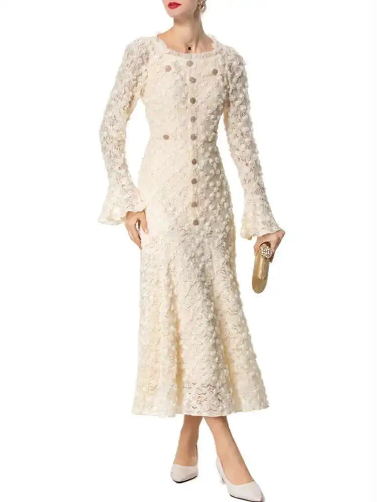 QMQA Fashion Women's Elegant Dresses Three-dimensional Floral Square Collar Long Sleeved Princess Style Dress Autumn New 1A232