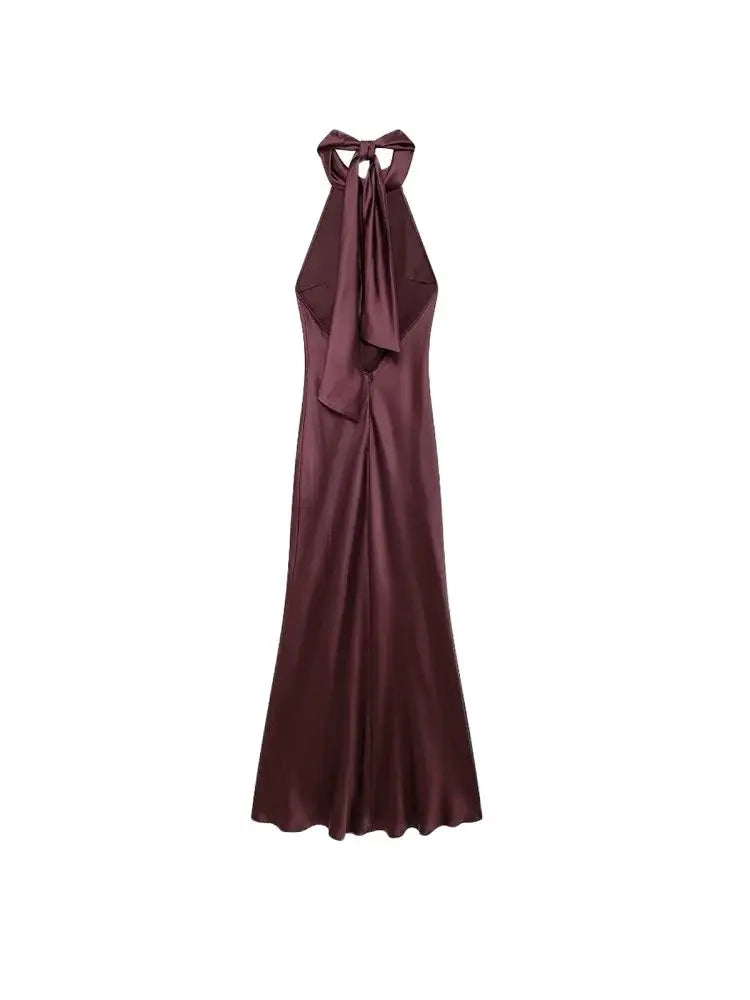 Women's Long Satin Halter Dress, Backless, Bow Tied, Back Zipper, Female Dresses, Sexy Fashion