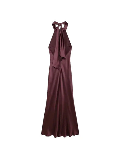 Women's Long Satin Halter Dress, Backless, Bow Tied, Back Zipper, Female Dresses, Sexy Fashion