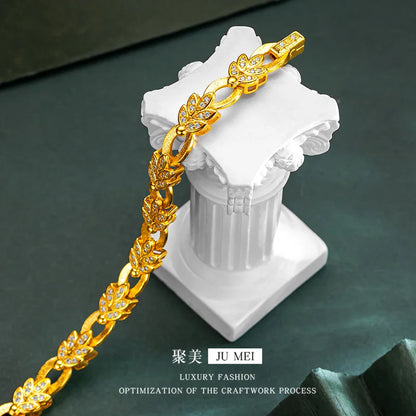 9999 24K real gold diamond leaf bracelet with gold color clip buckle design as a birthday gift for your girlfriend