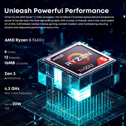 CHUWI CoreBook X Gaming Laptop AMD R5-7430U 6 Cores 14.1 inch FHD IPS Screen 16GB DDR4 RAM 512GB SSD UP to 4.3 Ghz Notebook
