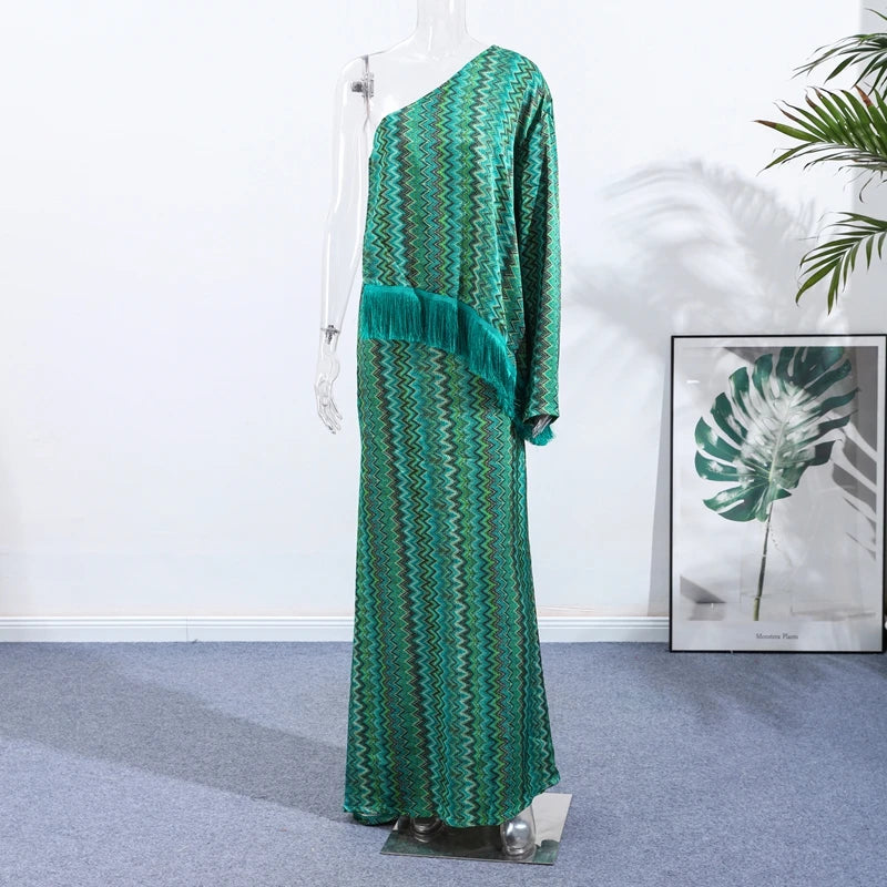 Elegant Tassel Hem Long Dress Women Loose V-neck Full Sleeve Scarf Dresses 2025 Autumn Party Evening Dresses Luxurious Lady Robe