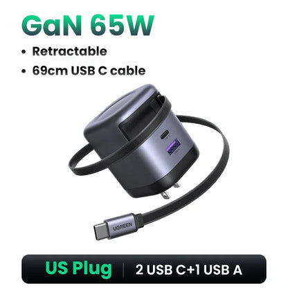 UGREEN 65W GaN Charger With Retractable USB C Cable For iPhone 17 16 Pro Samsung Xiaomi Laptop Macbook Tablet PD Fast Charger