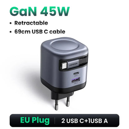 UGREEN 65W GaN Charger With Retractable USB C Cable For iPhone 17 16 Pro Samsung Xiaomi Laptop Macbook Tablet PD Fast Charger
