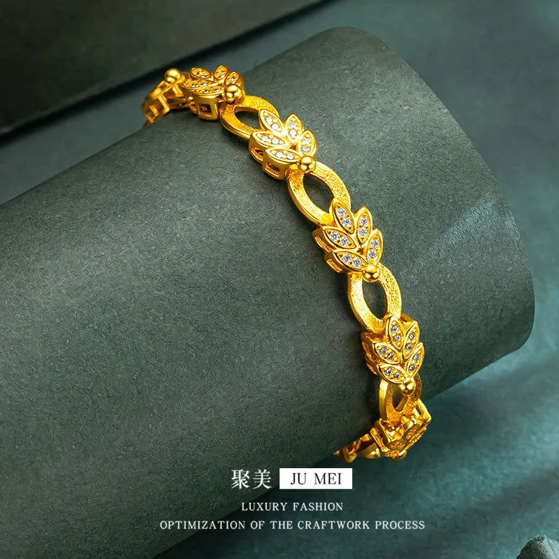 9999 24K real gold diamond leaf bracelet with gold color clip buckle design as a birthday gift for your girlfriend
