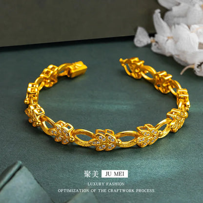 9999 24K real gold diamond leaf bracelet with gold color clip buckle design as a birthday gift for your girlfriend