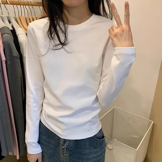 American Retro Round Neck t-shirt Women Long Sleeve Fashion Slim Slim Inner Bottom Shirt European Slim Tops Soft