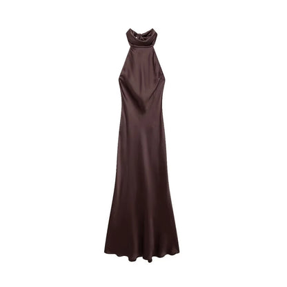 Women's Long Satin Halter Dress, Backless, Bow Tied, Back Zipper, Female Dresses, Sexy Fashion