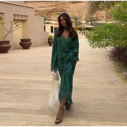 Elegant Tassel Hem Long Dress Women Loose V-neck Full Sleeve Scarf Dresses 2025 Autumn Party Evening Dresses Luxurious Lady Robe