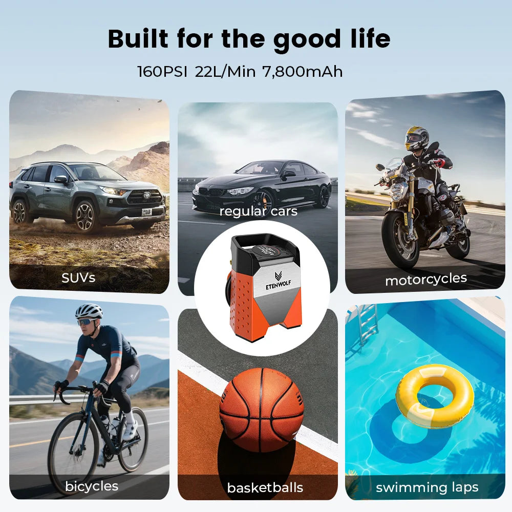 ETENWOLF ZEPHYR S3C Portable Air Compressor 100% Duty Cycle Car Tire Inflator 7800mAh for Cars, Motorcycles, Bicycles Balls