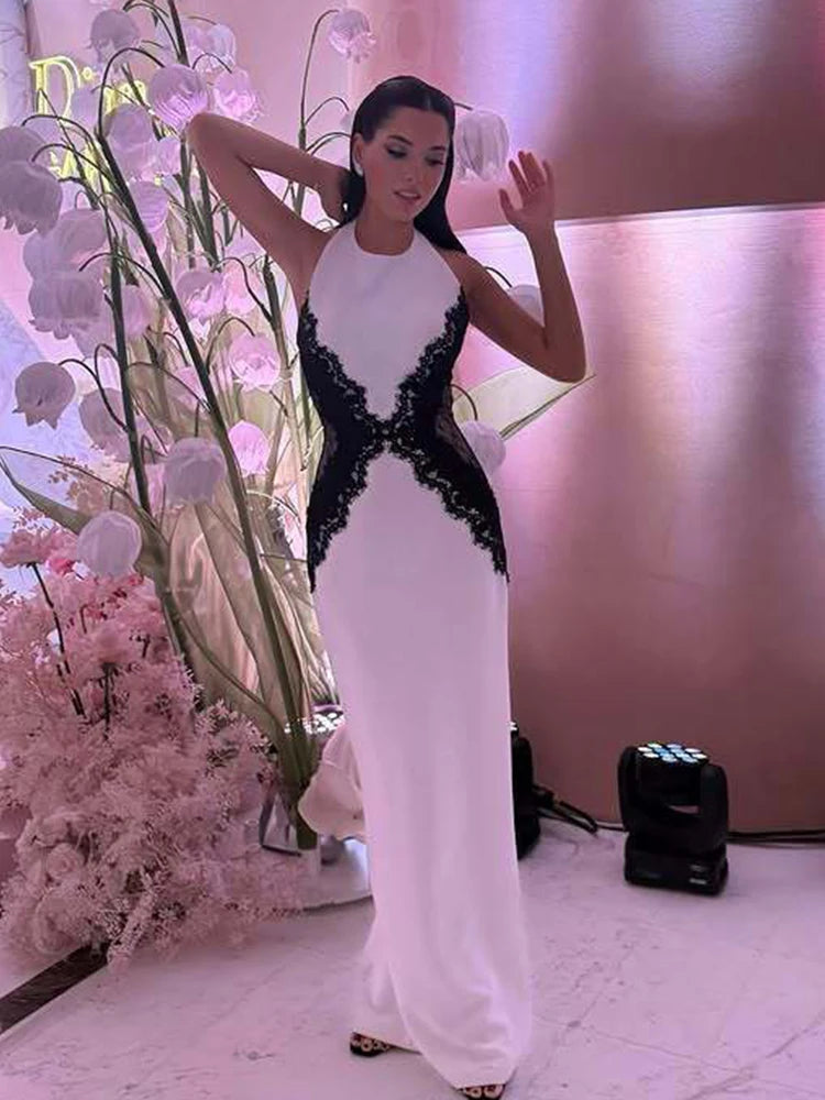 Elegant Lace Patchwork Halter Long Dress Women Hollow Out Backless Slim High Split Maxi Dresses 2025 New Lady Chic Evening Gowns