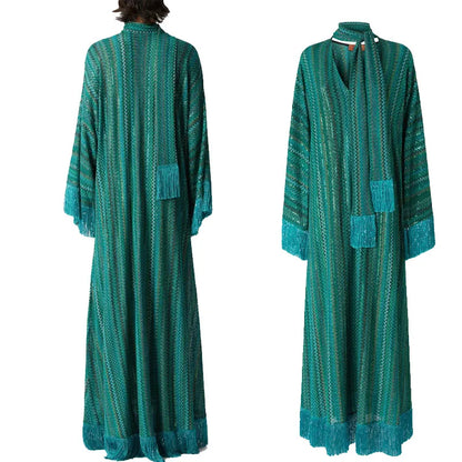 Elegant Tassel Hem Long Dress Women Loose V-neck Full Sleeve Scarf Dresses 2025 Autumn Party Evening Dresses Luxurious Lady Robe