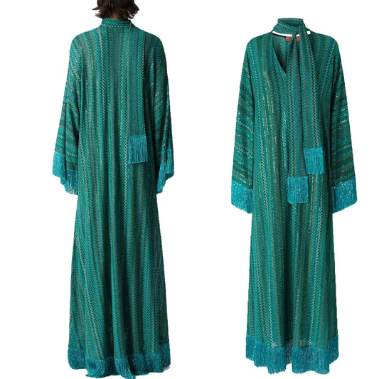 Elegant Tassel Hem Long Dress Women Loose V-neck Full Sleeve Scarf Dresses 2025 Autumn Party Evening Dresses Luxurious Lady Robe