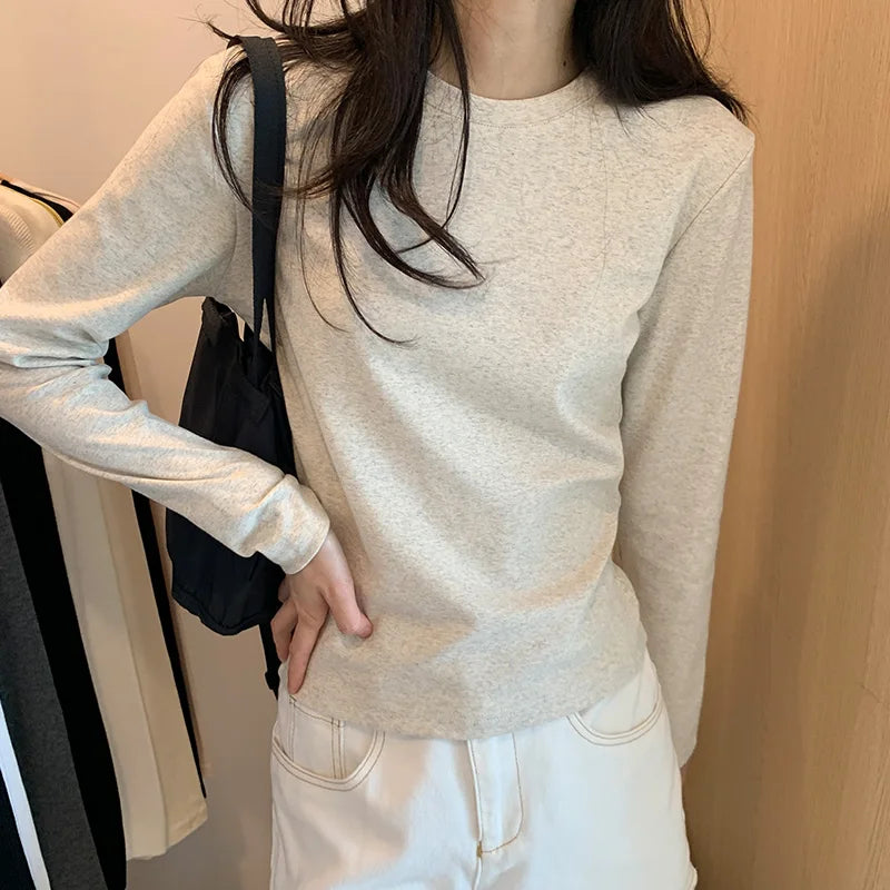 American Retro Round Neck t-shirt Women Long Sleeve Fashion Slim Slim Inner Bottom Shirt European Slim Tops Soft