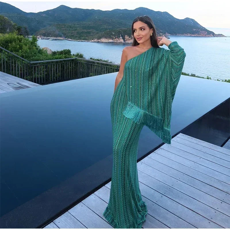 Elegant Tassel Hem Long Dress Women Loose V-neck Full Sleeve Scarf Dresses 2025 Autumn Party Evening Dresses Luxurious Lady Robe