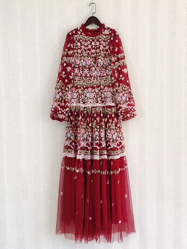 QMQA Fashion Women's Embroidery Dresses Round Neck High Waist Bow Mesh Spliced Long Sleeve Elegant Dress Female 2024 1A102