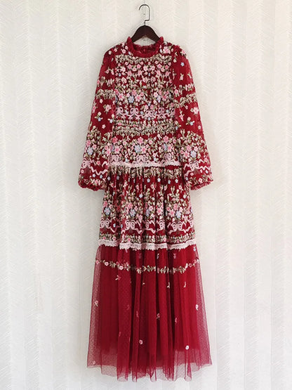 QMQA Fashion Women's Embroidery Dresses Round Neck High Waist Bow Mesh Spliced Long Sleeve Elegant Dress Female 2024 1A102