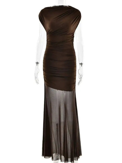 JULISSA MO Patchwork Sexy Sleeveless Ruched Mesh Women Maxi Dress Coffee Round Neck See Through Slim Elegant Party Evening Dress