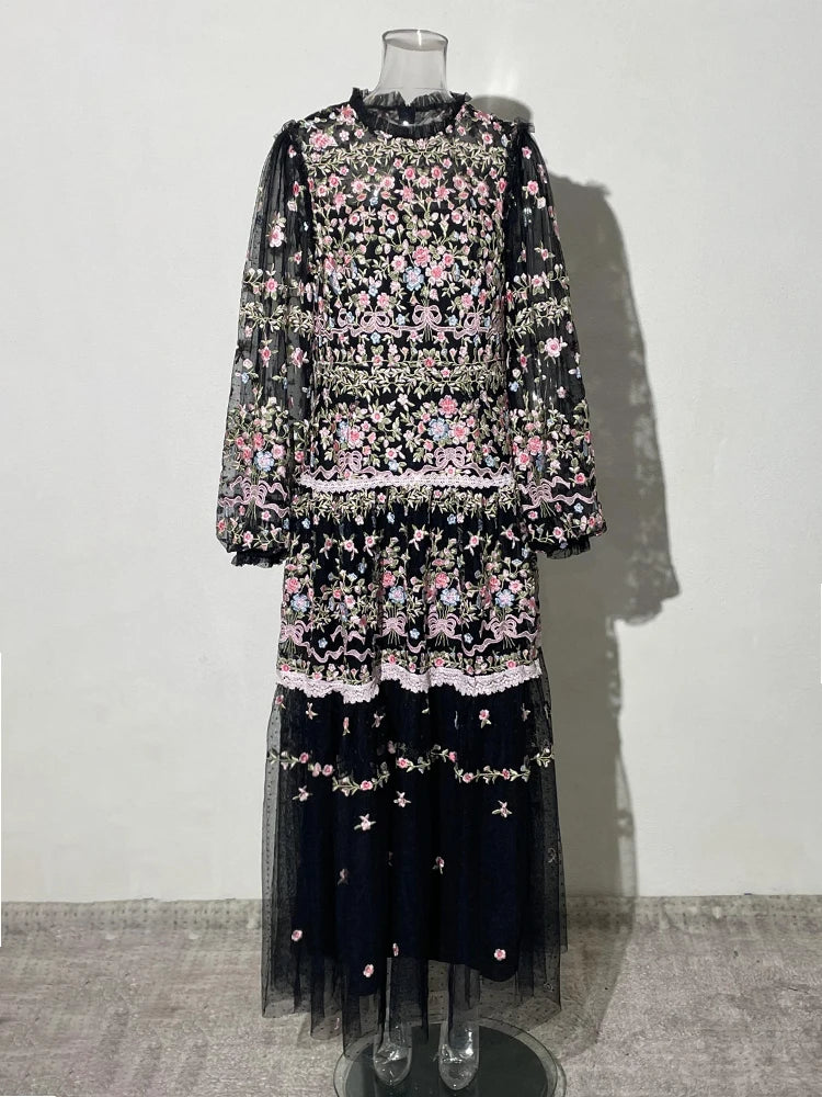 QMQA Fashion Women's Embroidery Dresses Round Neck High Waist Bow Mesh Spliced Long Sleeve Elegant Dress Female 2024 1A102