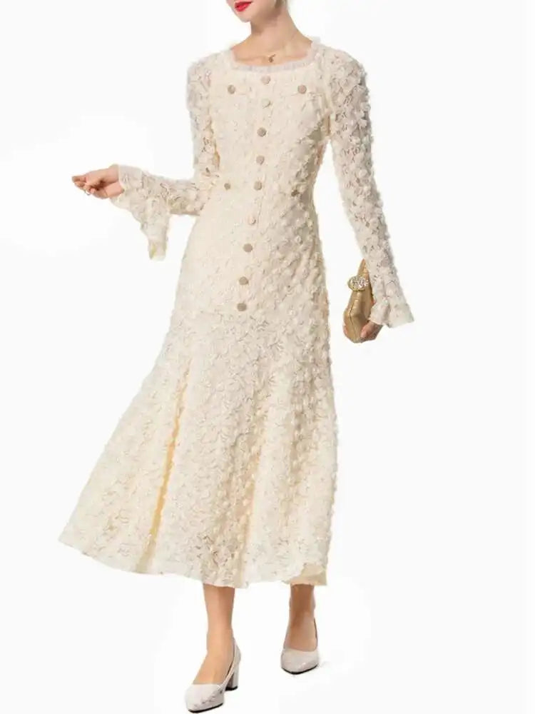 QMQA Fashion Women's Elegant Dresses Three-dimensional Floral Square Collar Long Sleeved Princess Style Dress Autumn New 1A232