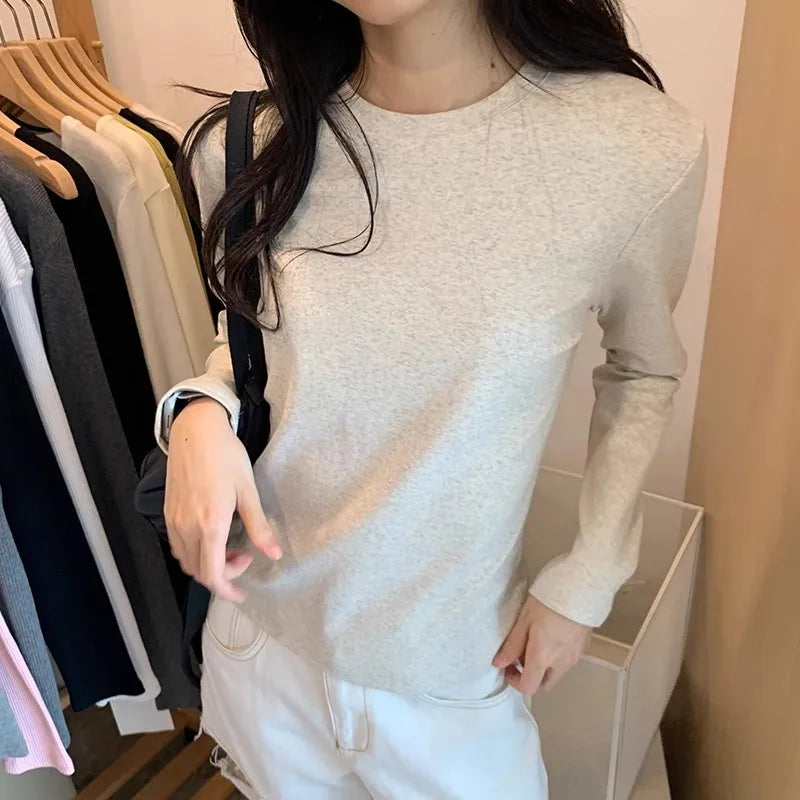 American Retro Round Neck t-shirt Women Long Sleeve Fashion Slim Slim Inner Bottom Shirt European Slim Tops Soft