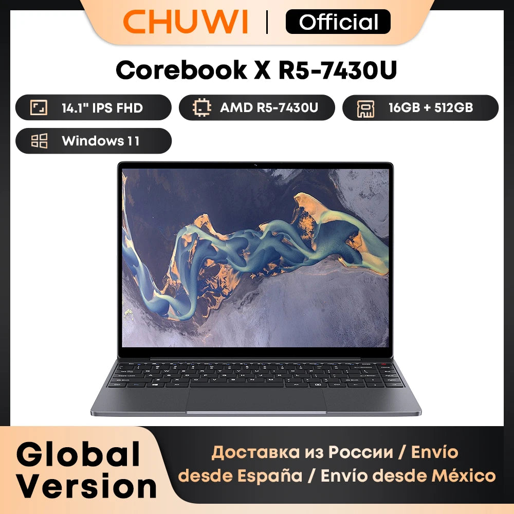 CHUWI CoreBook X Gaming Laptop AMD R5-7430U 6 Cores 14.1 inch FHD IPS Screen 16GB DDR4 RAM 512GB SSD UP to 4.3 Ghz Notebook