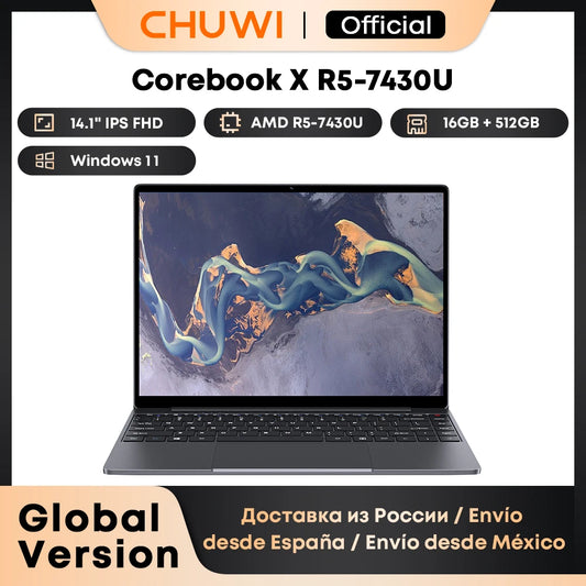 CHUWI CoreBook X Gaming Laptop AMD R5-7430U 6 Cores 14.1 inch FHD IPS Screen 16GB DDR4 RAM 512GB SSD UP to 4.3 Ghz Notebook
