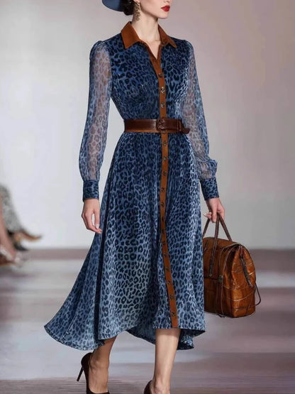 Elegant Woman Dresses Retro Turndown Collar Leopard Print Long Dress Autumn Single Breasted Long Sleeve Western Cowboy Dress