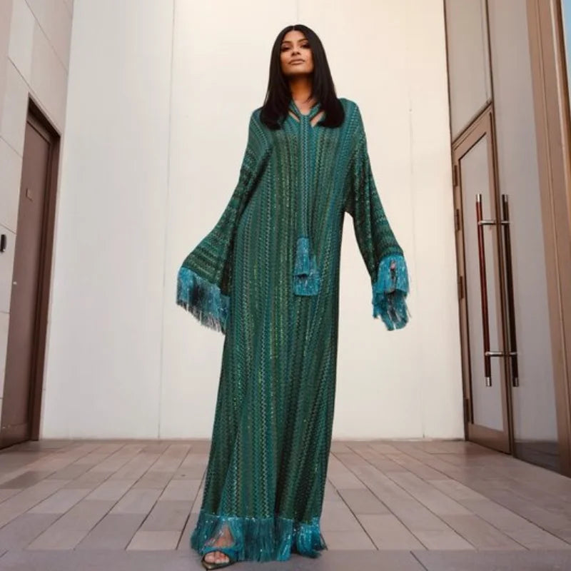 Elegant Tassel Hem Long Dress Women Loose V-neck Full Sleeve Scarf Dresses 2025 Autumn Party Evening Dresses Luxurious Lady Robe