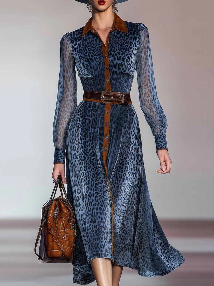 Elegant Woman Dresses Retro Turndown Collar Leopard Print Long Dress Autumn Single Breasted Long Sleeve Western Cowboy Dress