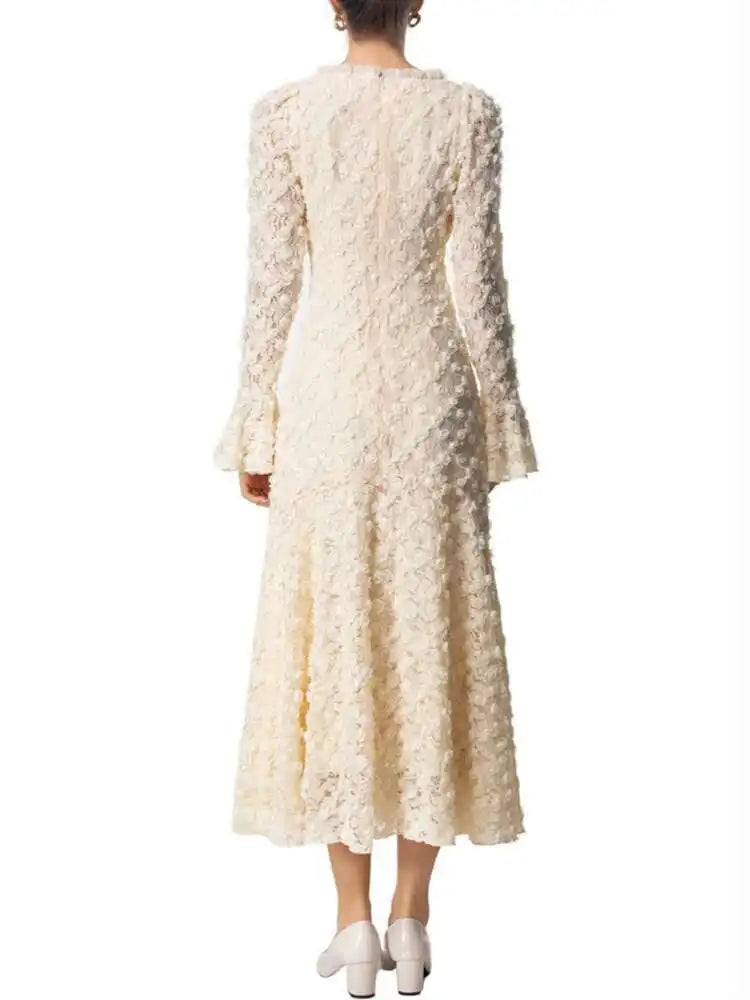 QMQA Fashion Women's Elegant Dresses Three-dimensional Floral Square Collar Long Sleeved Princess Style Dress Autumn New 1A232