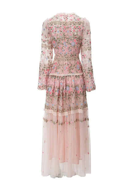 QMQA Fashion Women's Embroidery Dresses Round Neck High Waist Bow Mesh Spliced Long Sleeve Elegant Dress Female 2024 1A102