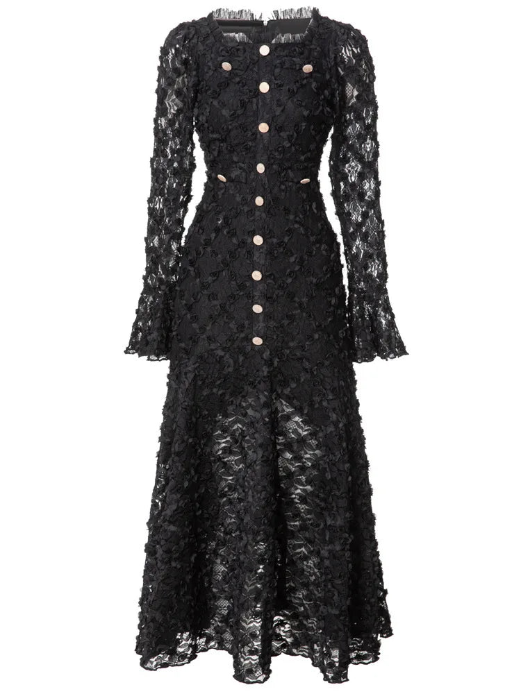 QMQA Fashion Women's Elegant Dresses Three-dimensional Floral Square Collar Long Sleeved Princess Style Dress Autumn New 1A232