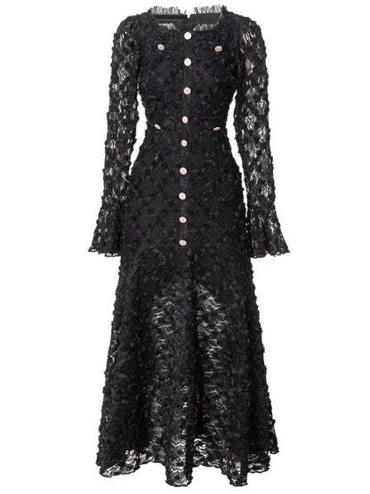 QMQA Fashion Women's Elegant Dresses Three-dimensional Floral Square Collar Long Sleeved Princess Style Dress Autumn New 1A232