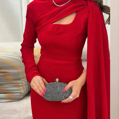 Sexy Asymmetric Hollow Out Party Dress Women New Ribbon Long Sleeve Evening Dress Elegant Long Sleeve Full Length Gala Dress