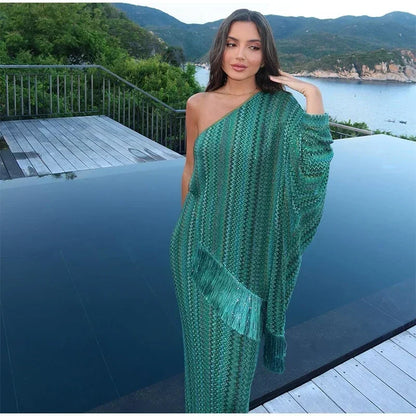 Elegant Tassel Hem Long Dress Women Loose V-neck Full Sleeve Scarf Dresses 2025 Autumn Party Evening Dresses Luxurious Lady Robe