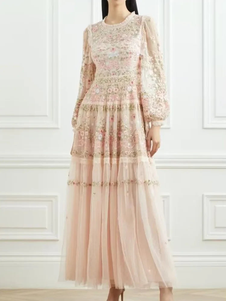 QMQA Fashion Women's Embroidery Dresses Round Neck High Waist Bow Mesh Spliced Long Sleeve Elegant Dress Female 2024 1A102