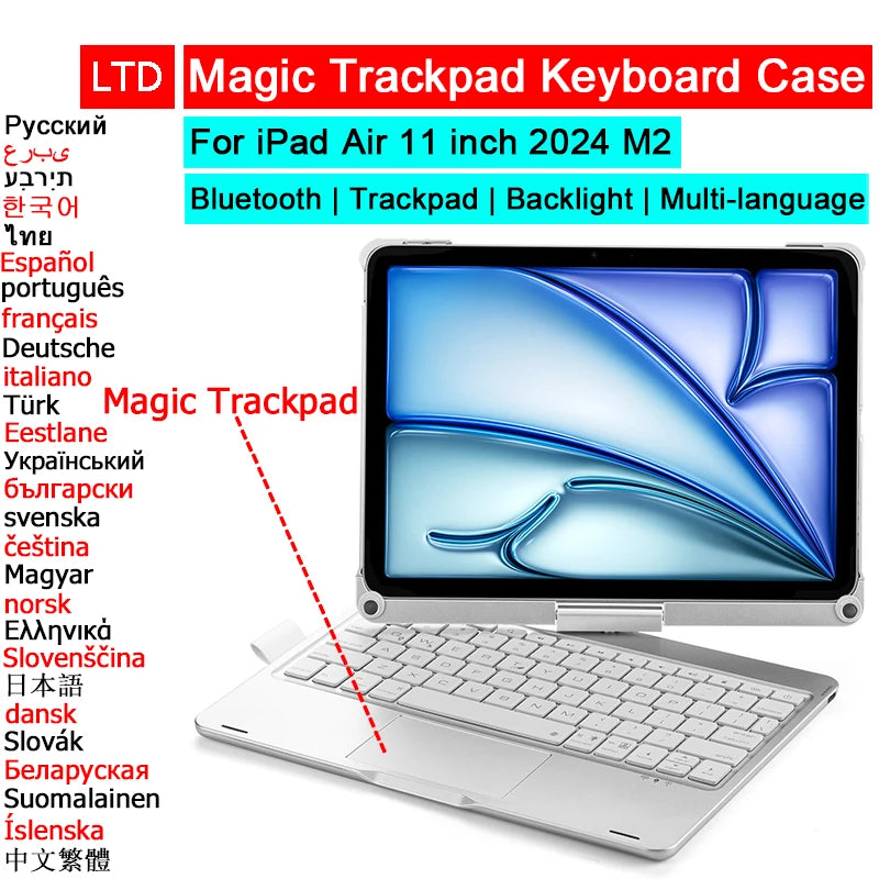 Bluetooth Magic Keyboard Case For iPad Air 6 11 inch 2024 M2 Tablet Case Russian Arabic Hebrew Spanish Portuguese Thai Keyboard