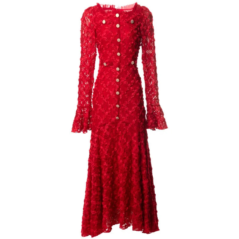 QMQA Fashion Women's Elegant Dresses Three-dimensional Floral Square Collar Long Sleeved Princess Style Dress Autumn New 1A232