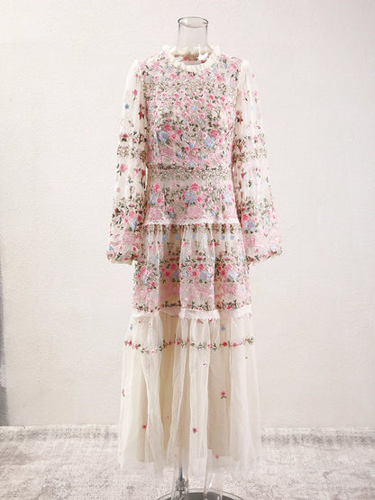 QMQA Fashion Women's Embroidery Dresses Round Neck High Waist Bow Mesh Spliced Long Sleeve Elegant Dress Female 2024 1A102